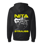 Black and Yellow 2025 Hoodie back design showing NITA STRAUSS in yellow and image of Nita Strauss holding guitar behind her neck.