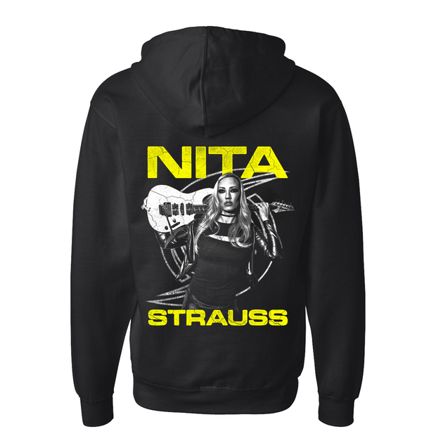 Black and Yellow 2025 Hoodie back design showing NITA STRAUSS in yellow and image of Nita Strauss holding guitar behind her neck.