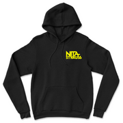 Black and Yellow 2025 Hoodie featuring a black pullover hooded sweatshirt with a bold yellow “NITA STRAUSS” logo printed on the left chest
