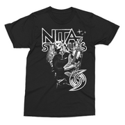 Black and White 2025 black t-shirt featuring  white graphic of Nita Strauss playing guitar, accented with stars and bold Nita Strauss logo 