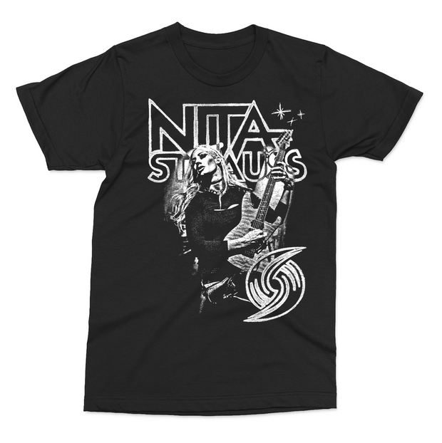 Black and White 2025 black t-shirt featuring  white graphic of Nita Strauss playing guitar, accented with stars and bold Nita Strauss logo 