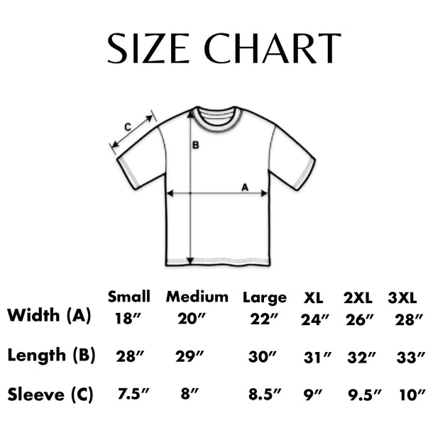 Nita Strauss shirt size chart displaying T-shirt measurements for Small through 3XL, including width, length, and sleeve dimensions