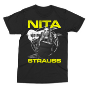 Black and Yellow 2025 Shirt featuring an image  Nita Strauss holding a guitar behind her neck with bold yellow logo
