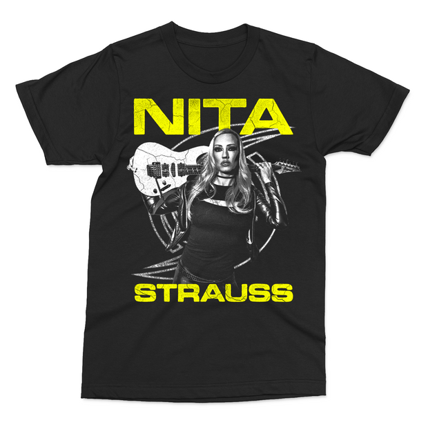 Black and Yellow 2025 Shirt featuring an image  Nita Strauss holding a guitar behind her neck with bold yellow logo