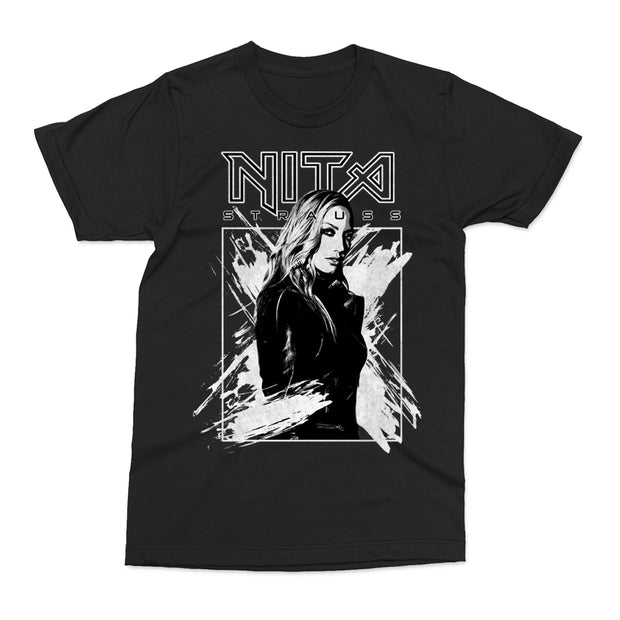 Nita Strauss black shirt with black and white retro design on front 